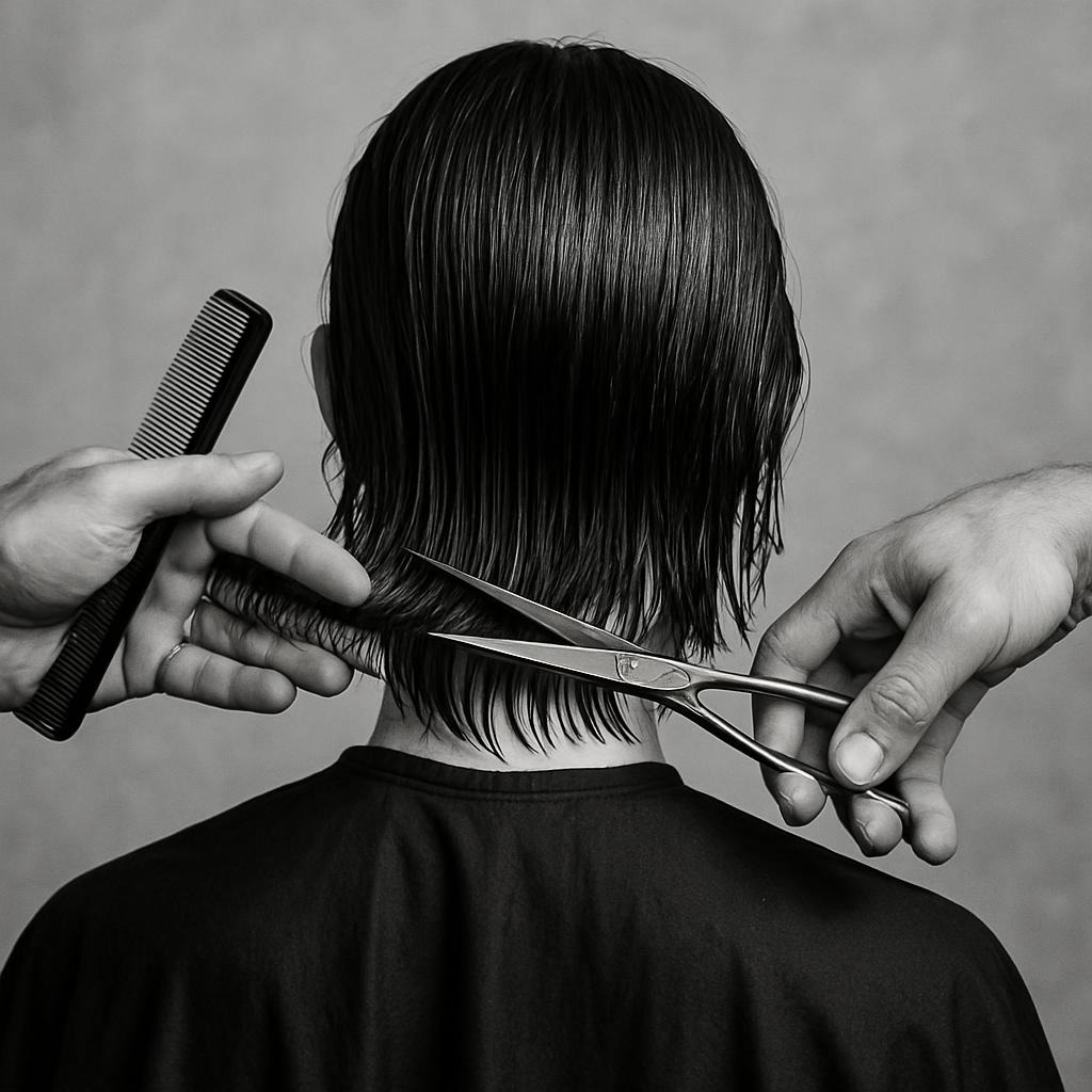 Friseur beim Haarschnitt einer Kundin